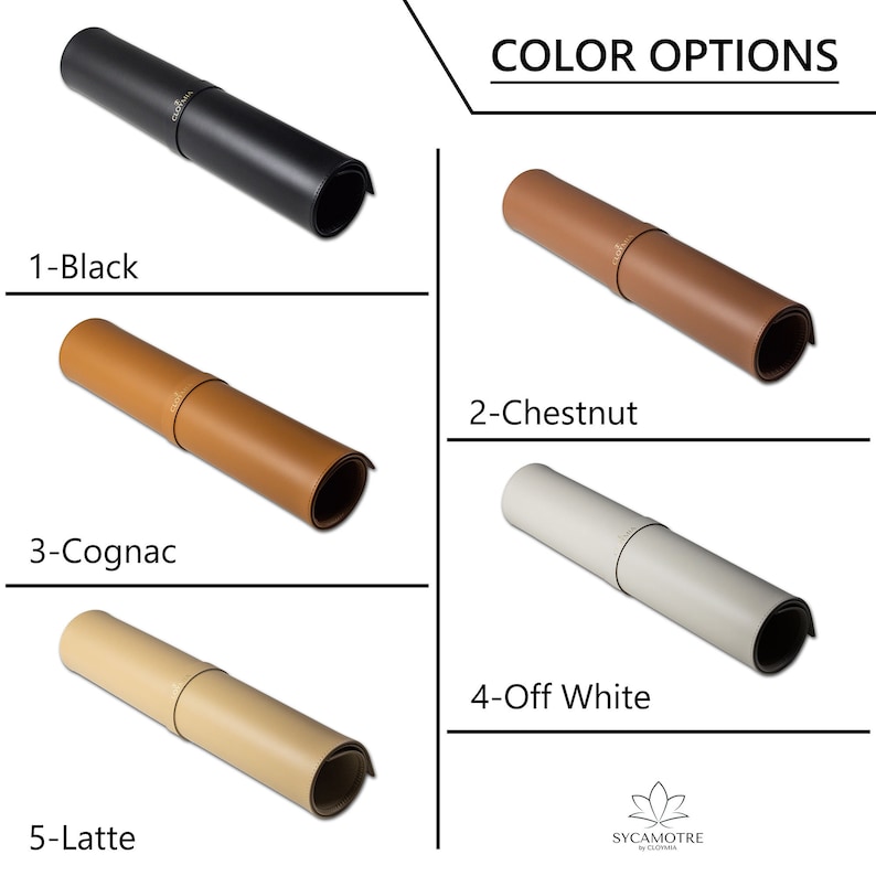 May include: Five rolled-up leather mouse pads in different colors: black, chestnut, cognac, off-white, and latte. The mouse pads are arranged in a grid with the color names listed below each one. The text "COLOR OPTIONS" is at the top of the image.