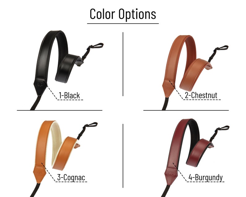 Puede incluir: Imagen que muestra cuatro opciones de color para una correa de c&aacute;mara. Las opciones son negro, casta&ntilde;o, co&ntilde;ac y burdeos. El texto "Color Options" est&aacute; en la parte superior. Cada correa de cuero tiene un cord&oacute;n negro para sujetar.