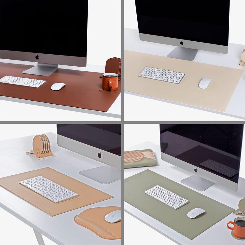 May include: Four different desk setups with a computer, keyboard, mouse, and desk mat. The desk mats are brown, beige, green, and beige.
