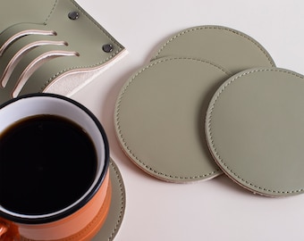 Custom Leather Coaster Set with Coaster Holder | Round-Square-Dodecagon Coasters (Set of 6)