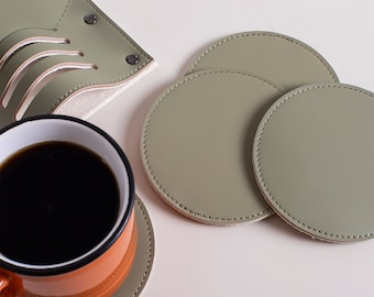 Custom Leather Coaster Set with Coaster Holder | Round-Square-Dodecagon Coasters (Set of 6) | Housewarming Gift | Office Accessories