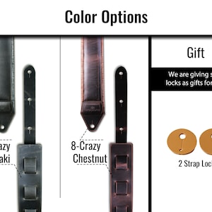 Pu&ograve; includere: Due cinturini per chitarra in diversi colori, kaki e castano, con il testo "7-Crazy Khaki" e "8-Crazy Chestnut" sotto ogni cinturino. L'immagine mostra anche due blocca-cinturini inclusi come regalo.
