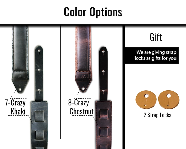Pu&ograve; includere: Due cinturini per chitarra in diversi colori, kaki e castano, con il testo "7-Crazy Khaki" e "8-Crazy Chestnut" sotto ogni cinturino. L'immagine mostra anche due blocca-cinturini inclusi come regalo.