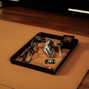 Personalized Valet Tray | Leather & Metal Catchall for Keys, Wallet | Great Gift for Him, Dad | Minimal Organizer for Desk or Dresser