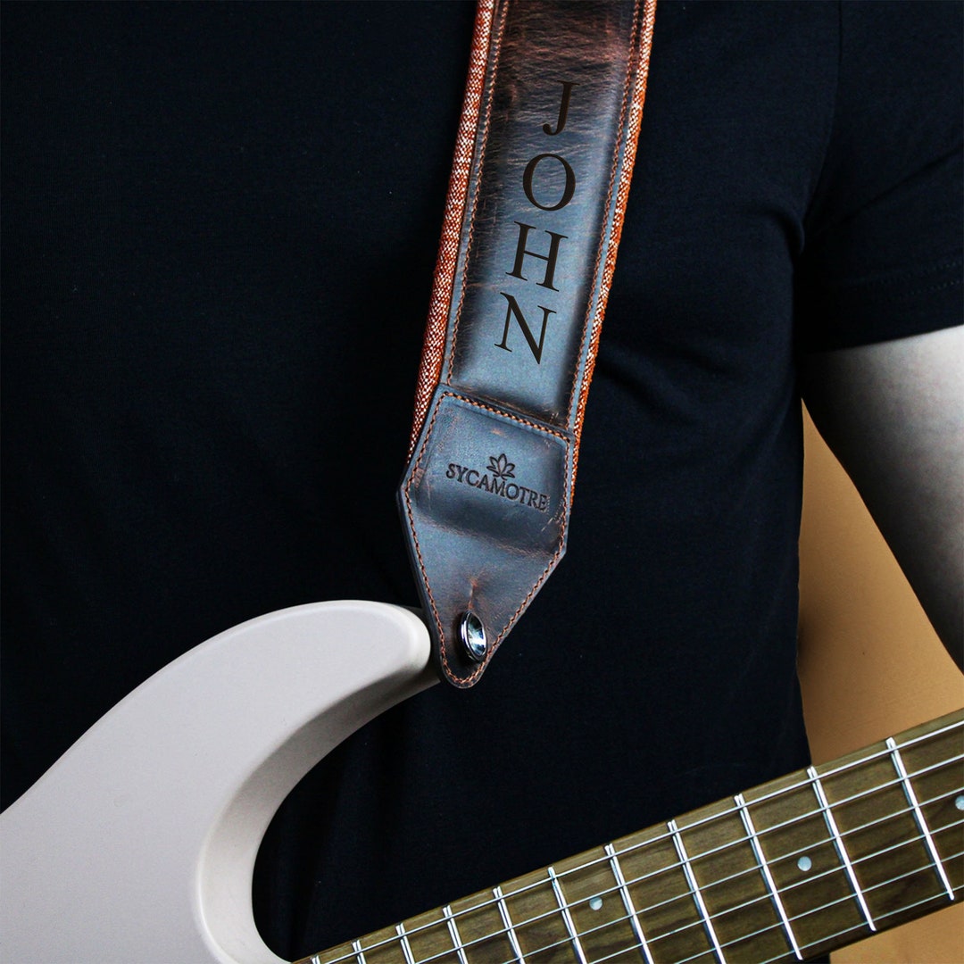 Sangle de guitare réglable avec supports de médiators extrémités en cuir PU  et coussin d'épaule confortable pour guitare acoustique électrique basse