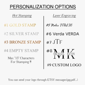 May include: A chart with personalization options for a product. The options include hot stamping with gold, silver, bronze, or an empty stamp. Laser engraving options include italic, Verda, JTF, a monogram with the initials M, I, and K, and a custom logo.