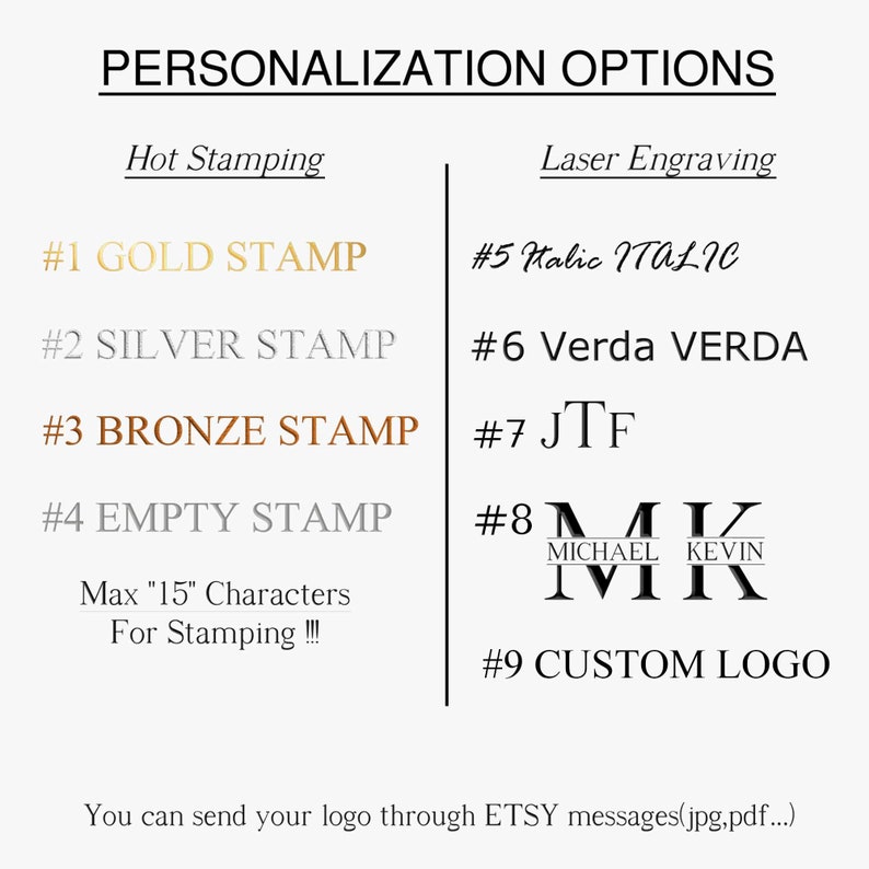 May include: A chart with personalization options for a product. The options include hot stamping with gold, silver, bronze, or an empty stamp. Laser engraving options include italic, Verda, JTF, a monogram with the initials M, I, and K, and a custom logo.