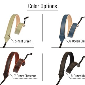 Puede incluir: Una selecci&oacute;n de correas para c&aacute;mara en varios colores. Las correas se muestran en verde menta, azul oc&eacute;ano, casta&ntilde;o loco y caqui loco. El texto "Color Options" est&aacute; en la parte superior de la imagen, con cada opci&oacute;n de color etiquetada.