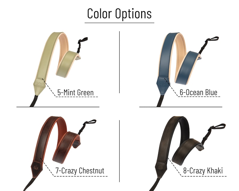 Puede incluir: Una selecci&oacute;n de correas para c&aacute;mara en varios colores. Las correas se muestran en verde menta, azul oc&eacute;ano, casta&ntilde;o loco y caqui loco. El texto "Color Options" est&aacute; en la parte superior de la imagen, con cada opci&oacute;n de color etiquetada.