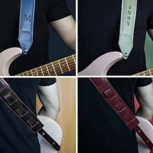 Pu&ograve; includere: Quattro diverse cinghie per chitarra con nomi personalizzati. Le cinghie sono in pelle e sono disponibili in una variet&agrave; di colori, tra cui marrone, blu, verde e rosso.