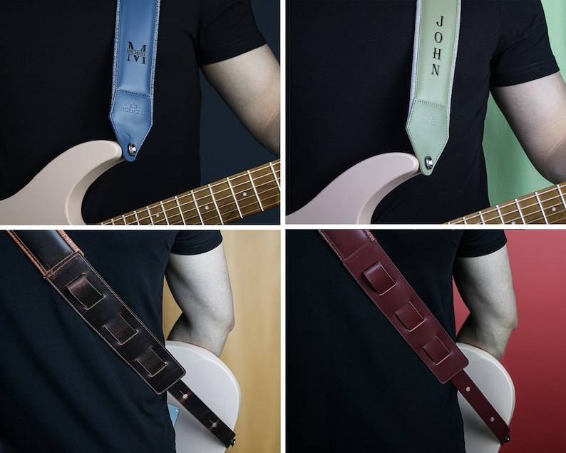 Pu&ograve; includere: Quattro diverse cinghie per chitarra con nomi personalizzati. Le cinghie sono in pelle e sono disponibili in una variet&agrave; di colori, tra cui marrone, blu, verde e rosso.