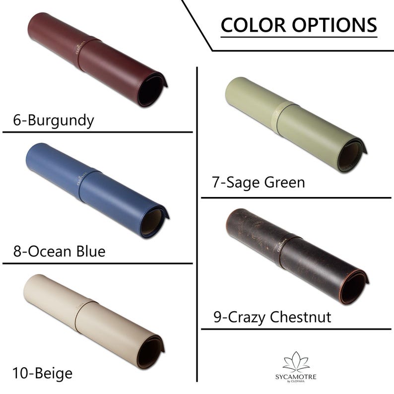 May include: A close-up of rolled-up leather mouse pads in various colors, including burgundy, sage green, ocean blue, crazy chestnut, and beige. The image shows the color options available for the mouse pads.