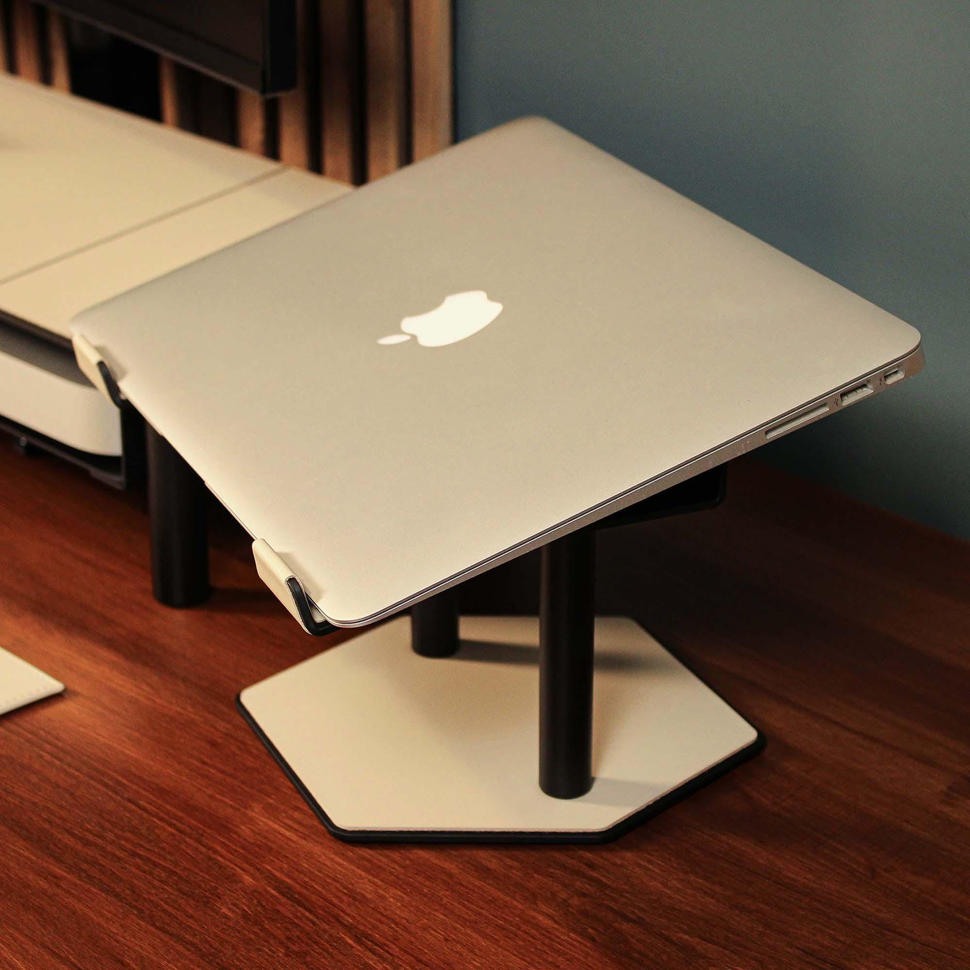 Metal Laptop Riser with Leather Overlay Ergonomic Metal MacBook Stand for Desk Work for Home Accessories, Gift for Tech Lovers