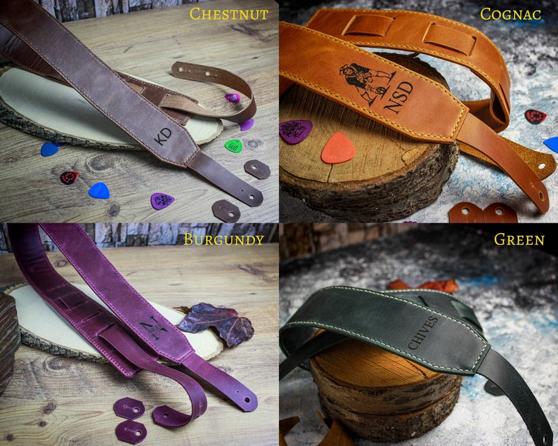 May include: Four leather guitar straps in different colors: chestnut, cognac, burgundy, and green. Each strap has a different name engraved on it: KD, NSD, IM, and CHIVES.
