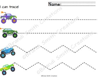 May include: A printable worksheet with the text "I can trace!" and four monster truck images. Each monster truck has a dashed line path to trace. The worksheet also has a space for a name.