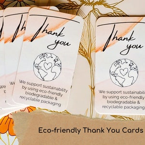 Wij ondersteunen duurzaamheid Milieuvriendelijke kaarten, bedankt voor je bestelling, We Care Biologisch afbreekbare insteekkaarten, gedrukt op 100% gerecycled papier