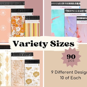 May include: A variety pack of 90 colorful poly mailers with 9 different designs. Each design features a unique pattern, including floral, geometric, and abstract designs. The mailers are labeled "Modern Gifting".
