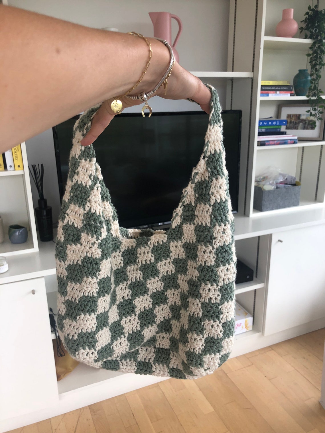 Handmade crochet checkered bag green/white Etsy