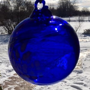 Hand Blown Glass Suncatcher, Friendship, Gazing Ball, Handblown Art Glass Window Ornament - 4.5&quot; Blue with White Friendship Ball #39