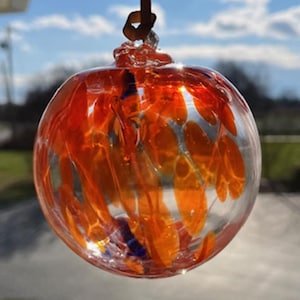 Hand Blown Glass Suncatcher, Friendship, Witch Ball, Handblown Art Glass Window Ornament 4.5&quot; Orange Blue Witches Ball #16