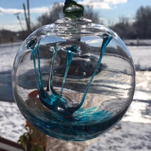 Hand Blown Glass Suncatcher, Friendship, Witch Ball, Handblown Art Glass Window Ornament - 4.5" Aqua Witches Ball #32