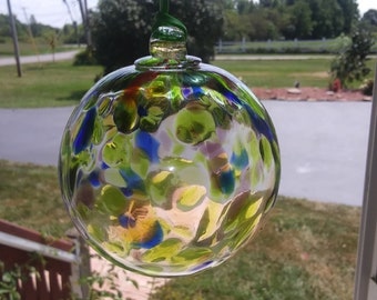 Hanging Glass Ball 4" Clear Glass with Green Yellow & Blue Swirls 1 HGB8-2
