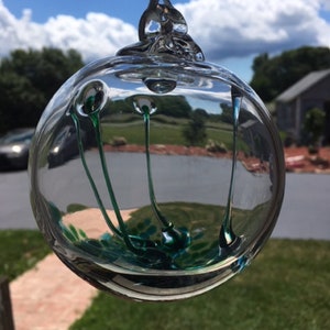 Hand Blown Glass Suncatcher, Friendship, Witch Ball, Handblown Art Glass Window Ornament - 4.5&quot; Blue Green Witches Ball #5