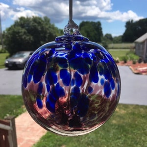 Hand Blown Glass Witch Ball: Blue Red Violet Window Suncatcher (4.5") #4