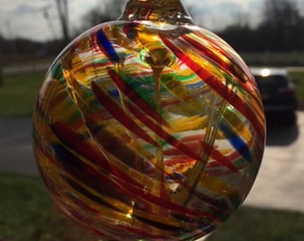 Hand Blown Glass Suncatcher, Friendship, Witch Ball, Handblown Art Glass Window Ornament - 3.5"  Purple Green Red Blue Witches Ball #36