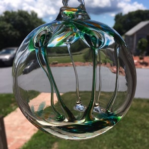 Hand Blown Glass Suncatcher, Friendship, Witch Ball, Handblown Art Glass Window Ornament - 4.5&quot; Green Yellow Blue Witches Ball #9