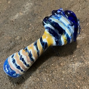 Glass Pipe, Hand-Blown Glass Pipes, Unique Strip Design Pipes with Blue slug bug design, Hand Blown Custom Design Glass Pipe