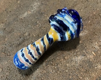 Glass Pipe, Hand-Blown Glass Pipes, Unique Strip Design Pipes with Blue slug bug design, Hand Blown Custom Design Glass Pipe