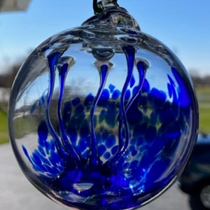 Hand Blown Glass Suncatcher, Friendship, Witch Ball, Handblown Art Glass Window Ornament 4.5" Blue with Blue Branches Witches Ball #45