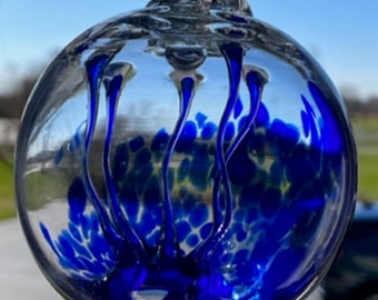 Hand Blown Glass Suncatcher, Friendship, Witch Ball, Handblown Art Glass Window Ornament 4.5" Blue with Blue Branches Witches Ball #45