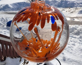 Hand Blown Glass Suncatcher, Friendship, Witch Ball, Handblown Art Glass Window Ornament - 4.5" Orange Blue Red Witches Ball #11