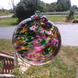 Hand Blown Glass Suncatcher, Friendship, Gaze, Handblown Art Glass Window Ornament - 4.5&quot; Purple Red Green Friendship Ball #24
