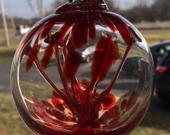 Hand Blown Glass Suncatcher, Friendship, Witch Ball, Handblown Art Glass Window Ornament - 3.5" Red with White Witches Ball #40