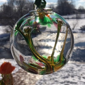 Hand Blown Glass Suncatcher, Friendship, Witch Ball, Handblown Art Glass Window Ornament - 3.5" Purple Green Yellow Witches Ball #34