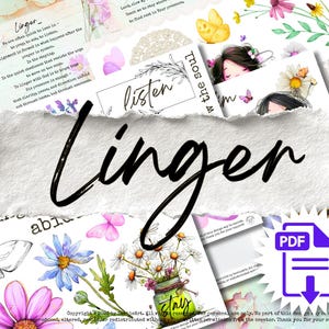 Może przedstawiać: Kolekcja cyfrowych wydruków artystycznych z ilustracjami kwiatów i motyli. Słowo "linger" jest wyświetlane czcionką odręczną. Inne teksty to "listen" i fragmenty wiersza. Widoczna jest również ikona pobierania PDF.