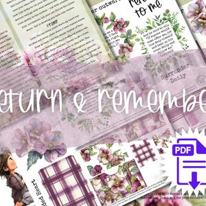 May include: A digital download featuring a collection of printable journal pages with floral and plaid designs in shades of purple and white. The text "return & remember" is prominently displayed, along with the PDF icon.