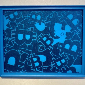 May include: A framed print with a blue background and a pattern of blue Bitcoin symbols. The frame is also blue.