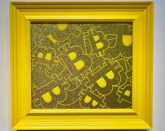 BITCOIN GLITCH ART yellow wall artwork 22" X 20" X 1" hodl crypto currency btc maxi blockchain motivational investor digital wallet gift