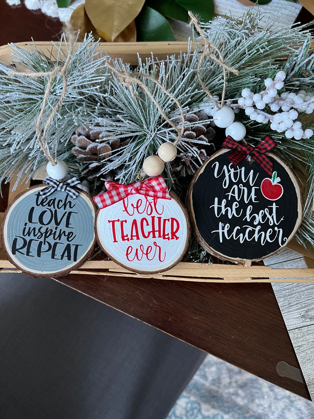Teacher Christmas Ornaments, Wood Slices, Teacher Gift, Farmhouse