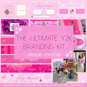 May include: A digital branding kit featuring various pink-themed graphic templates including YouTube banners, end screens, and social media covers. The designs incorporate Y2K-inspired patterns, stars, and cursive text elements for a lifestyle channel.