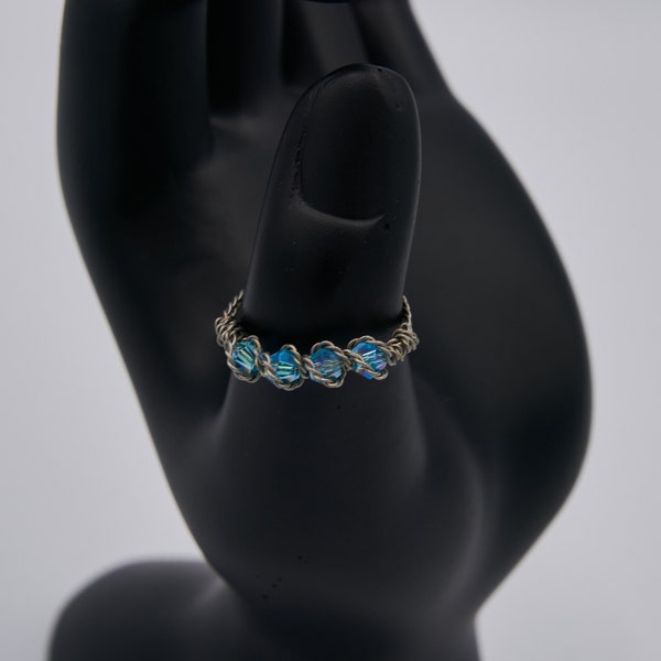 Silver and Blue Swarovski Crystal Twisted Ring (Size 7.5)