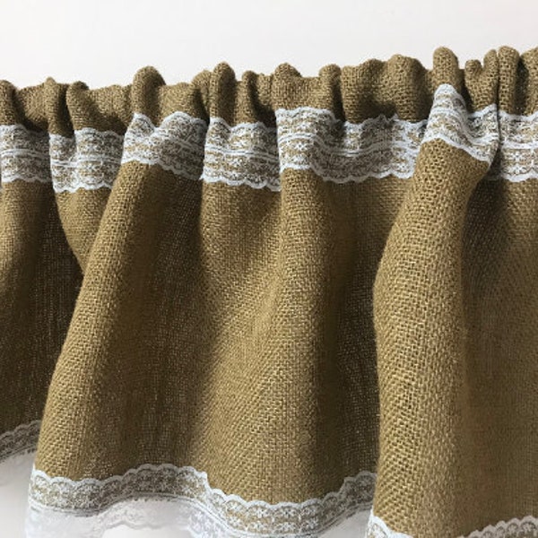 Handmade burlap curtains for kitchen,Valance with lace, Shabby rustic burlap window valance, Rustic kitchen valance, farmhouse  valance