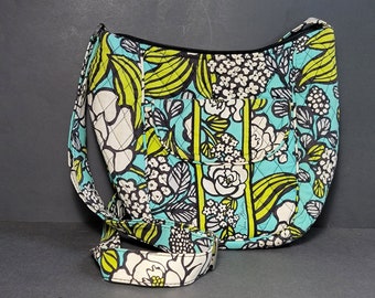 Vera Bradley green pattern fabric crossbody purse,fabric tote bag pattern,over the shoulder canvas bag,quilted tote bag with pockets