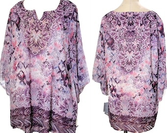 Camisa botánica de talla grande rosa púrpura para mujer, tops transparentes para mujer, tops elegantes para mujer, tops de túnica para mujer de talla grande, tops elegantes SZ 1X