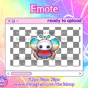 Könnte beinhalten: Ein digitaler Emote mit einem Cartoon-Schmetterling mit Regenbogenflügeln, vor transparentem Hintergrund in einem Computerfensterrahmen. Text enthält "Emote" und "ready to upload". Abmessungen: 112px x 56px x 28px.