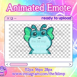 May include: Animated digital emoji of a blue and green creature with large eyes and a small mouth. The emoji is in a window frame with the text "ready to upload" and "112px 56px 28px www.instagram.com/the3dimp".